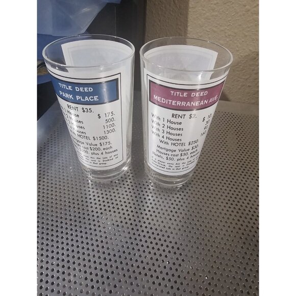 Monopoly Game Drinking Set Of 2 Glasses Baltic Mediterranean & Boardwalk - Picture 1 of 3